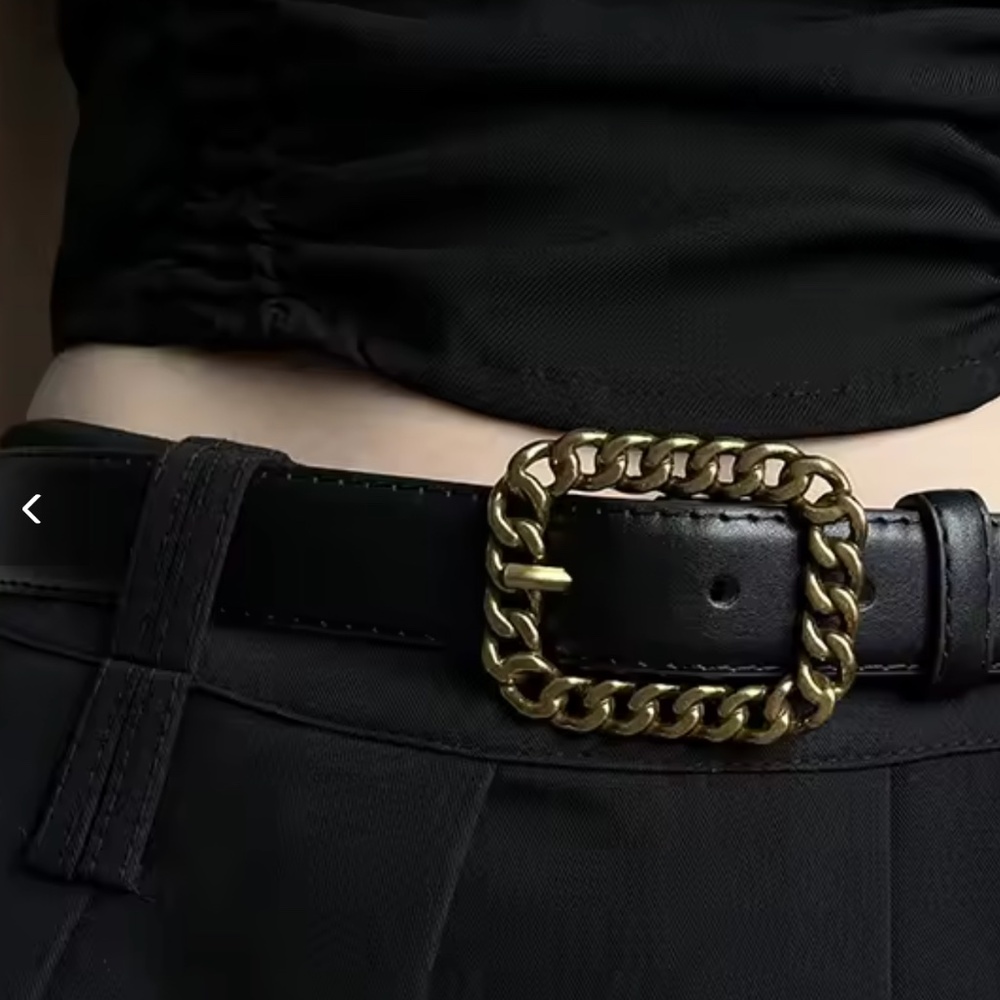 Faux Black Leather Belt with Gold Buckle